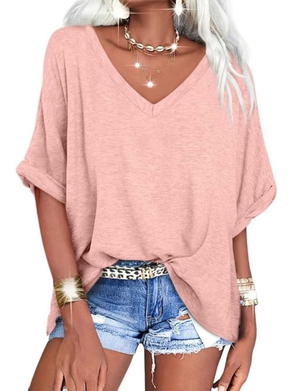 Oversized V Neck Short Sleeve Summer T-Shirts for Women - Casual Chic Tees